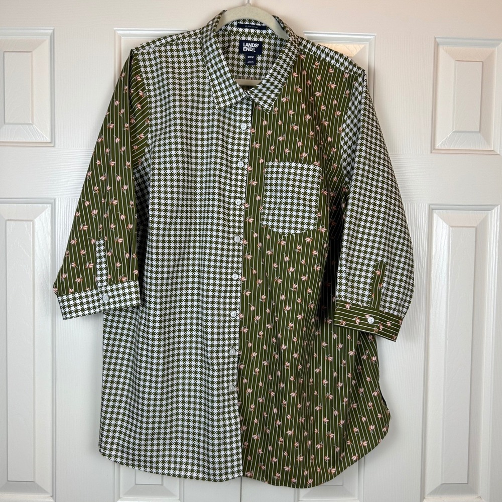 Lands End No Iron Supima Cotton Mixed Print Button Down Shirt Olive Green 20W